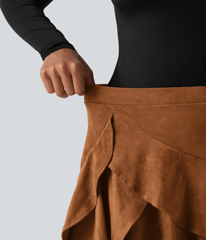 High Waisted Tiered Ruffle Hem 2-in-1 Longer Mini Suede Casual Skirt with Pocket