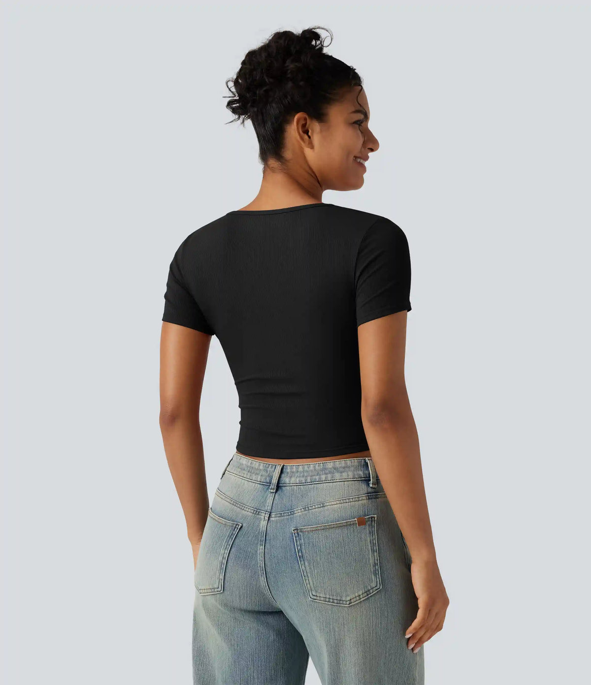 Ribbed Knit Round Neck Cut Out Short Sleeve Ruched Casual T-Shirt