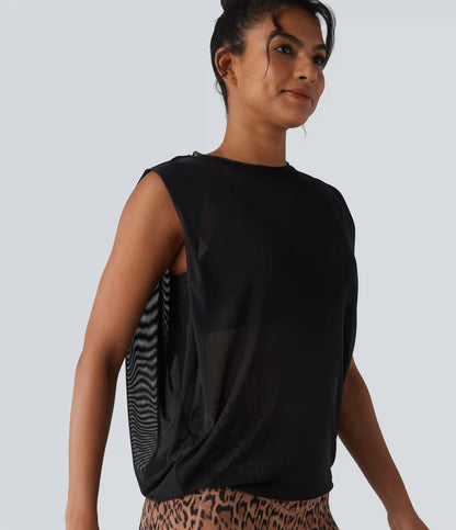 Sheer Mesh Round Neck Ruched Running Tank Top