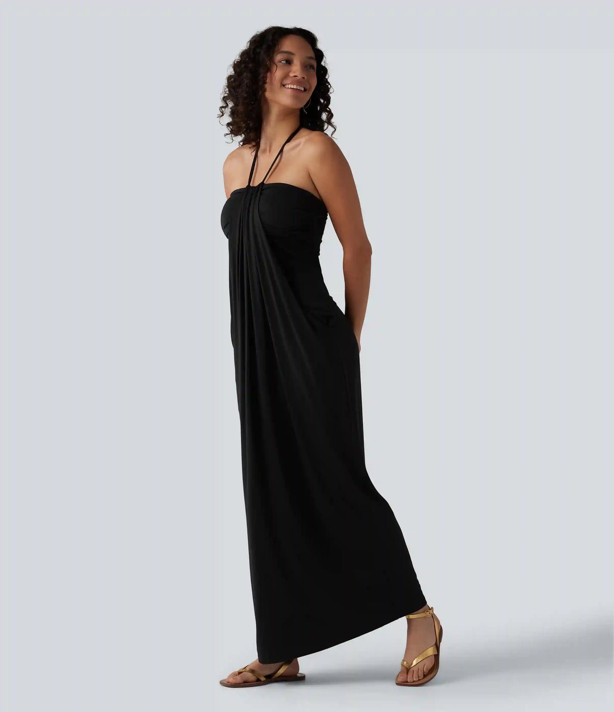 Halter Tie Back Built-in Bra Maxi Dress with Pockets