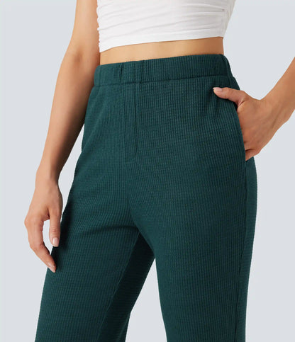 High Waisted Flare Waffle Casual Pants with Pockets