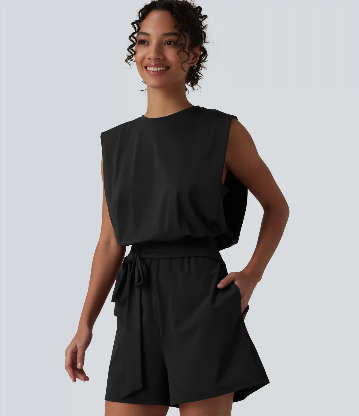 Round Neck Sleeveless Tie-front Cool Touch Casual Romper with Pockets-Easy Peezy-UPF50+