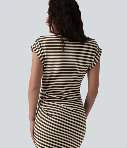 Round Neck Short Sleeve Asymmetrical Split Hem Stripes Waffle Casual Midi T-Shirt Dress