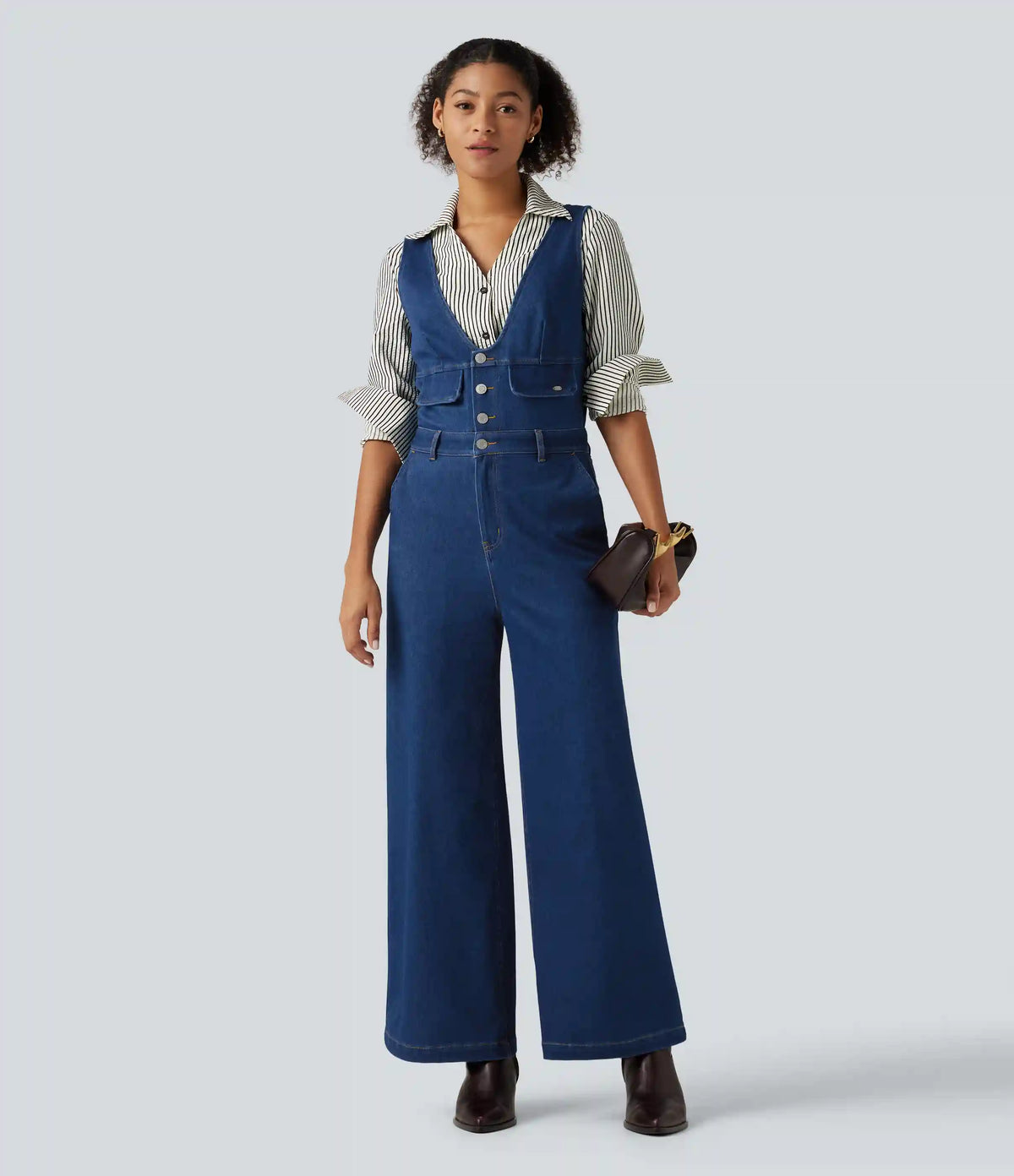 Halara Flex™ V Neck Wide Leg Denim Casual Jumpsuit with Pockets