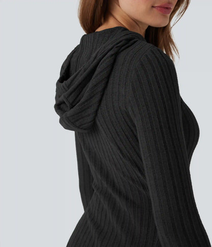 Ribbed Knit Hooded Drawstring Long Sleeve Mini Casual Dress