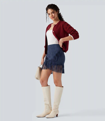 High Waisted 2-in-1 Fringe Hem Bodycon Mini Suede Casual Skirt