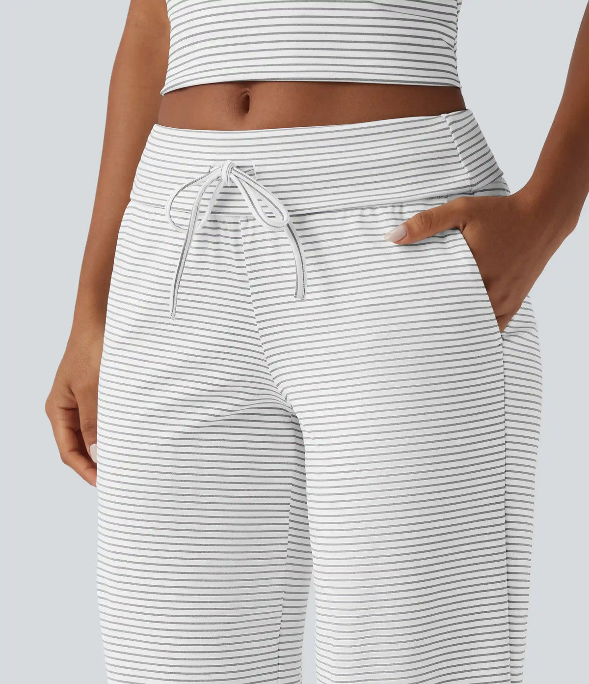 Foldover Low Rise Drawstring Stripes Casual Straight Leg Pants with Pockets