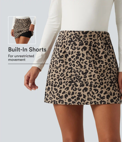 High Waisted 2-in-1 A-Line Leopard Print Corduroy Mini Casual Skirt with Pocket