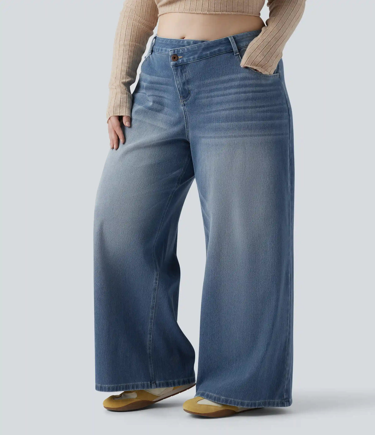 Plus Size Halara Flex™ Asymmetric Low Rise Wide Leg Washed Casual Jeans with Pockets