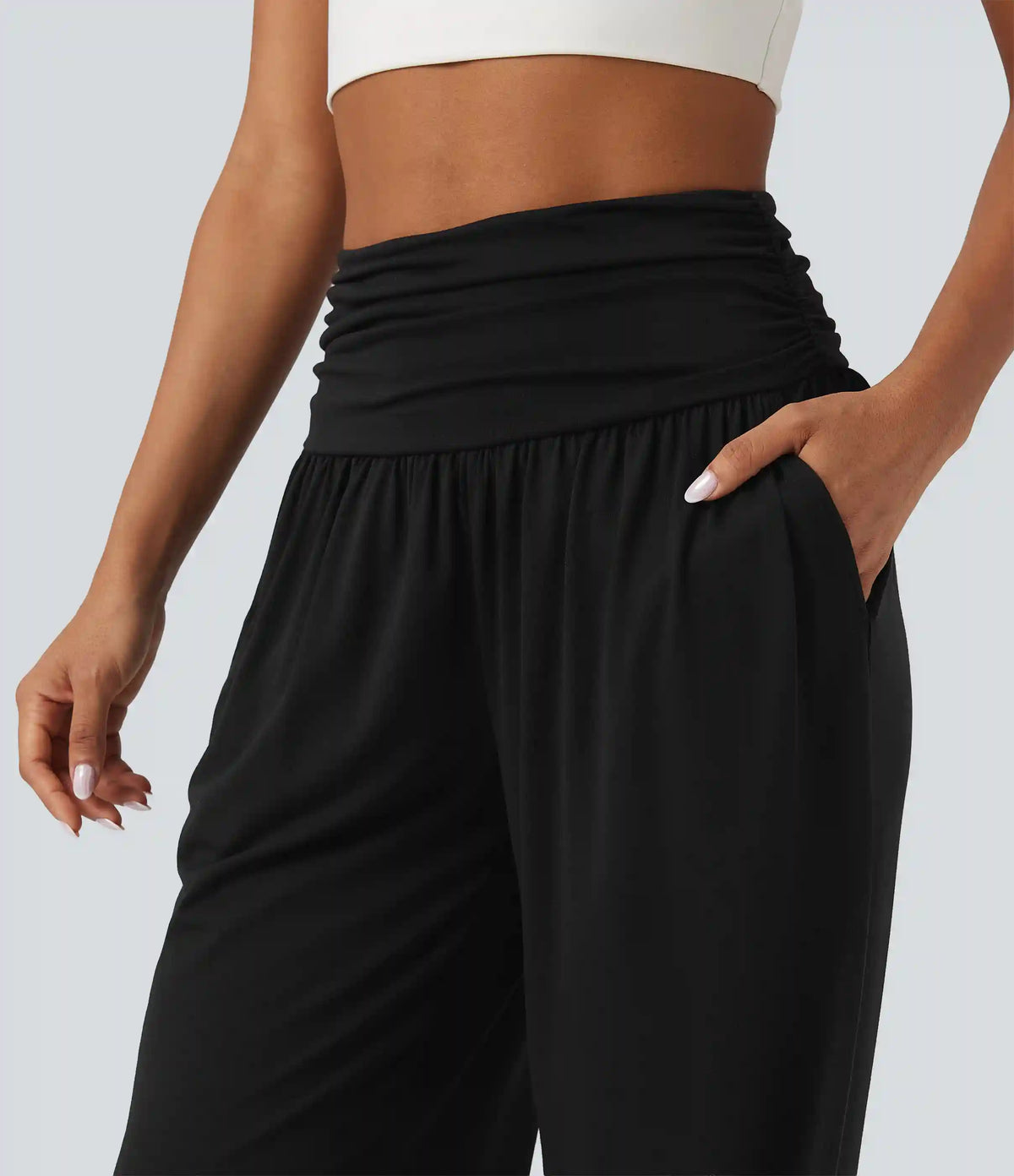 High Waisted Ruched Heathered Yoga Baggy Pants with Pockets
