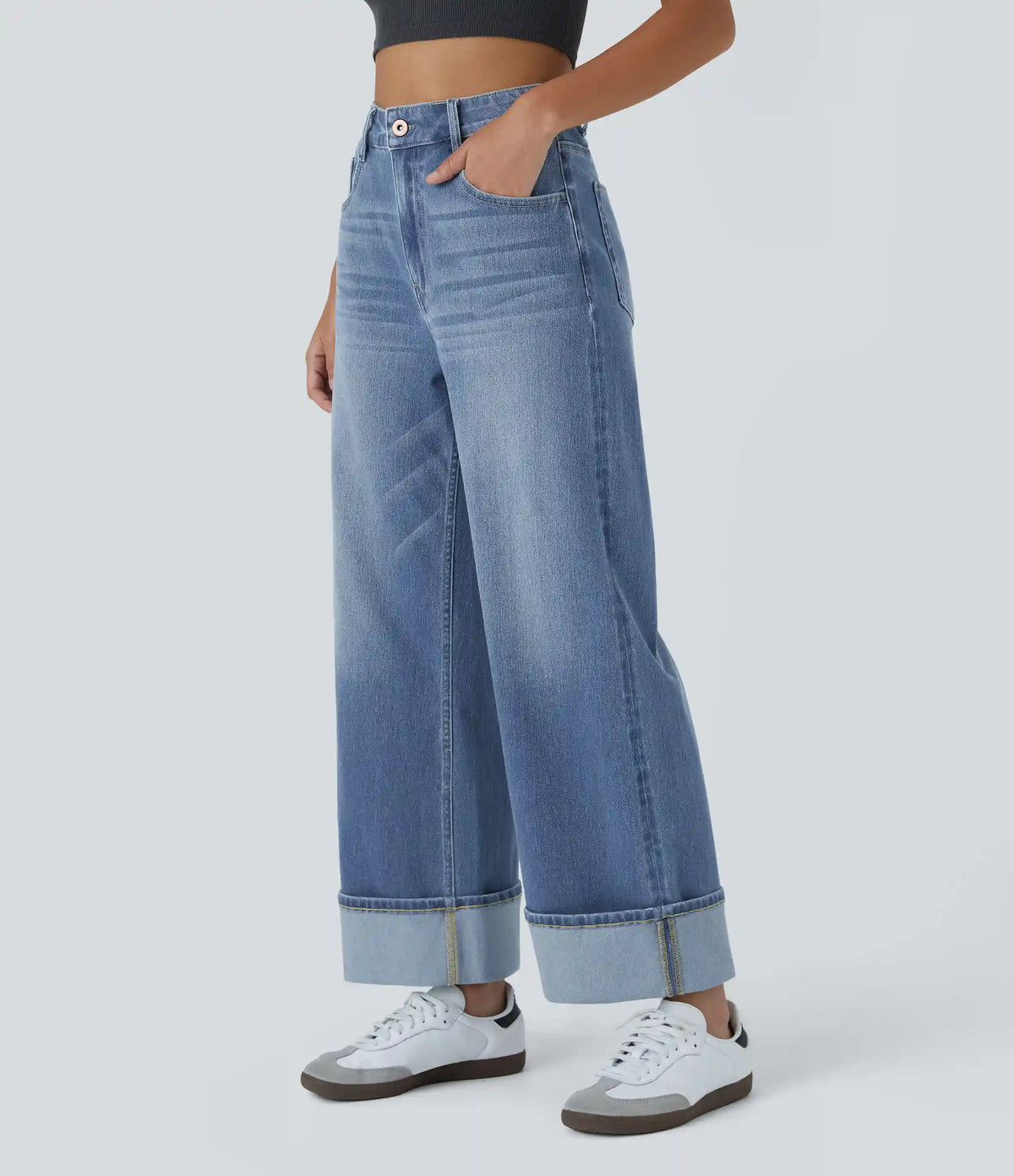 Halara Flex™ High Waisted Pockets Rolled Hem Wide Leg Washed Casual Jeans