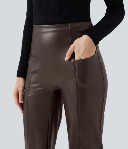 High Waisted Tummy Control Stretchy PU Fleece Casual Flare Pants with Pockets