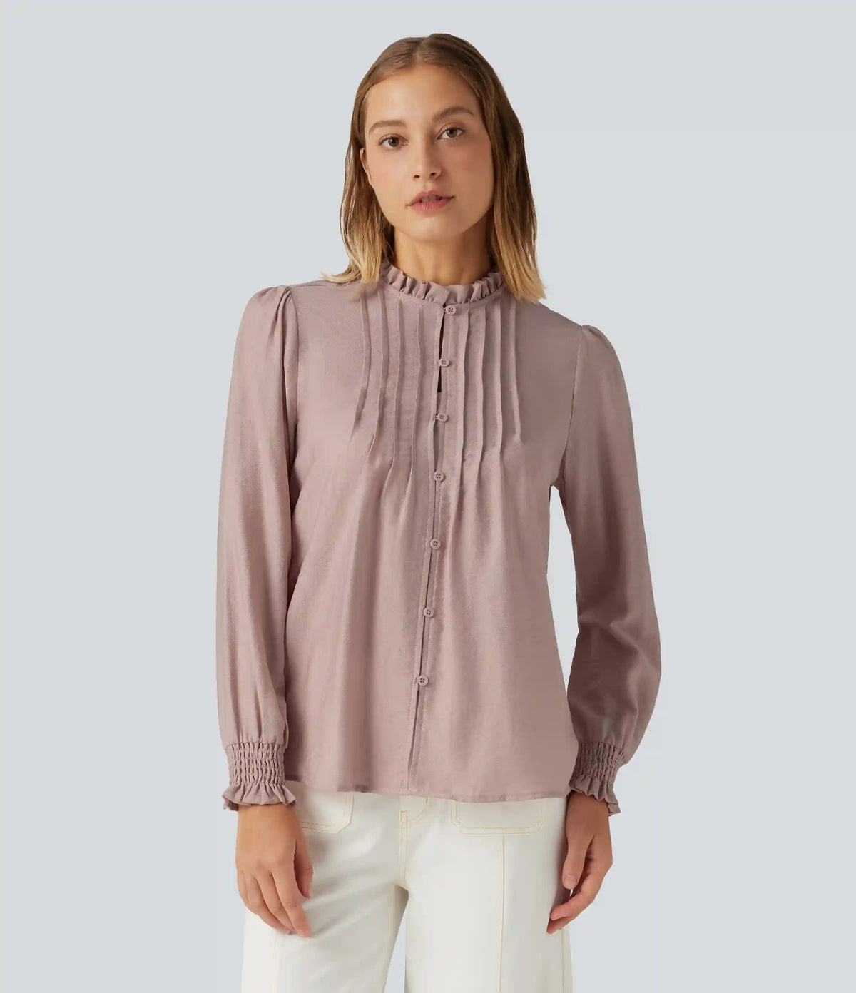 Ruffled Mock Neck Pleated Puff Long Sleeve Work Blouse