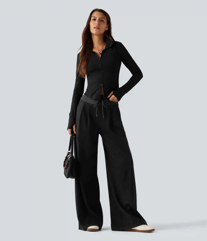 High Waisted Drawstring Wide Leg Casual Pants with Pockets