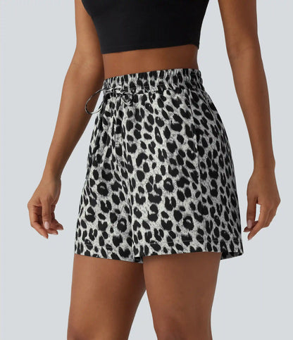 High Waisted Drawstring Leopard Print Casual Shorts with Pockets