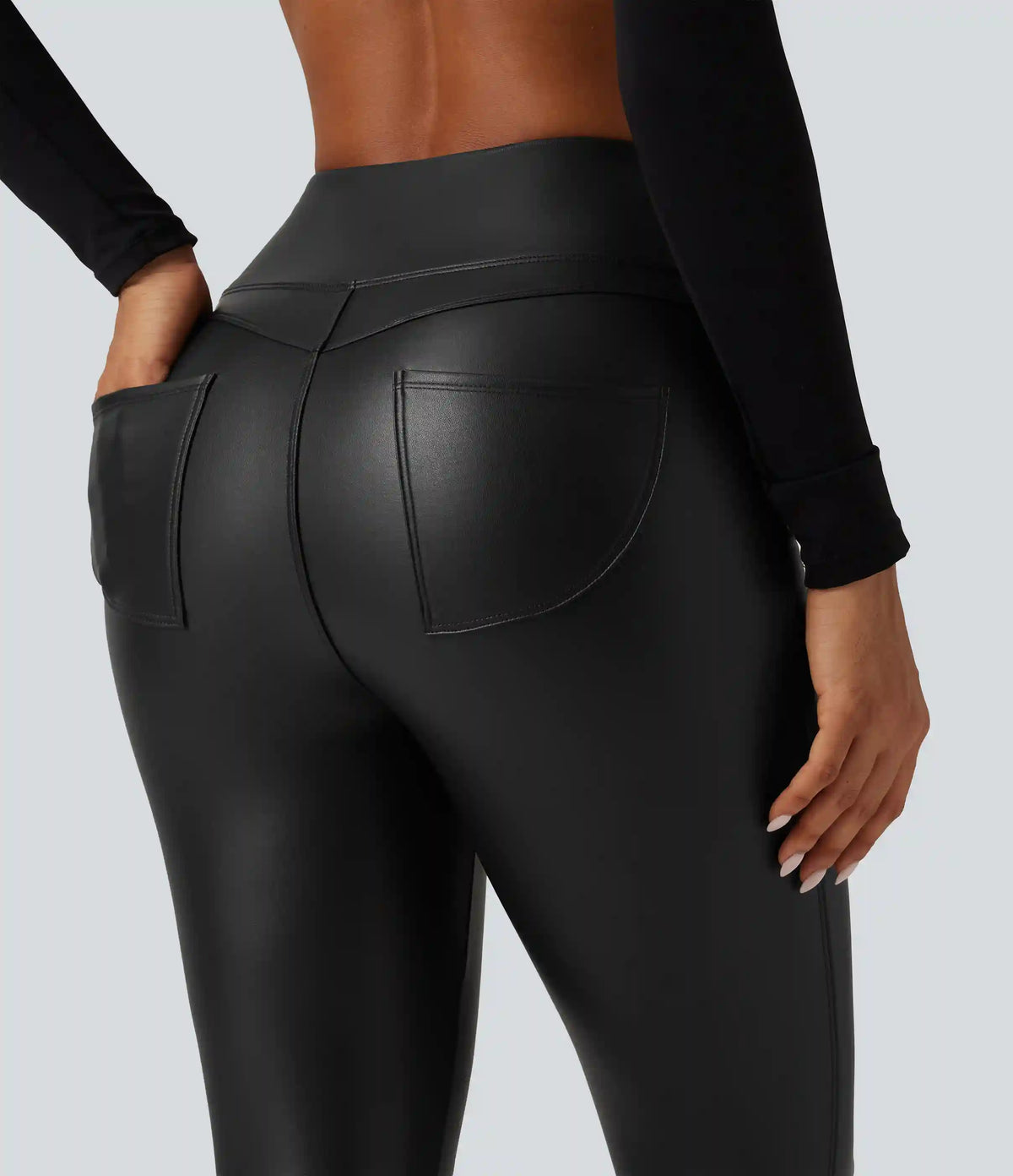 High Waisted Stretchy PU Fleece Skinny Casual Leggings with Pockets