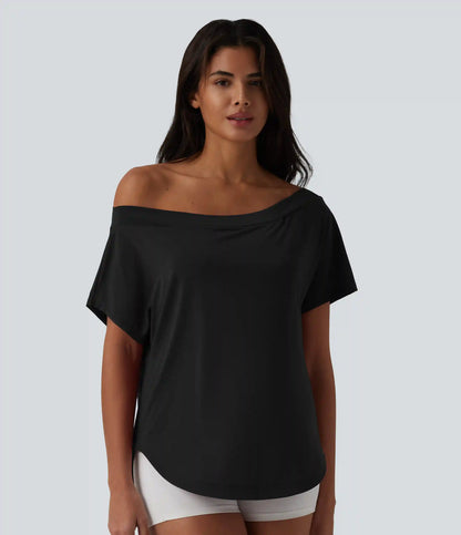One Shoulder Short Sleeve Curved Hem High Low Quick Dry Yoga Sports Top-Built-in Bra