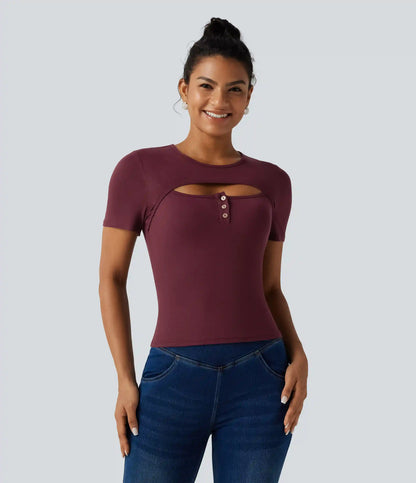 Ribbed Knit Round Neck Cut Out Short Sleeve Built-in Bra Casual T-Shirt