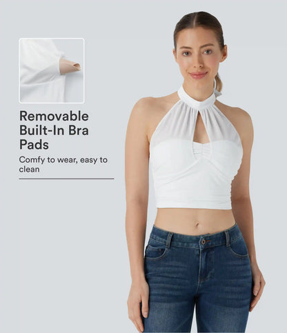 Halter Tie Back Cut Out Contrast Mesh Cropped Casual Top