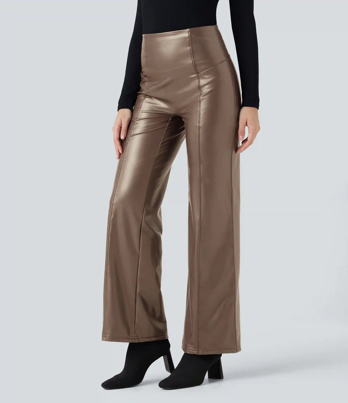High Waisted Tummy Control Stretchy PU Fleece Casual Flare Pants with Pockets