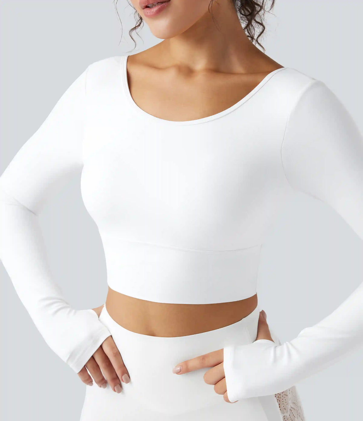 SoftlyZero™ Push-Up Long Sleeve Thumb Hole Contrast Lace Cropped Yoga Sports Top