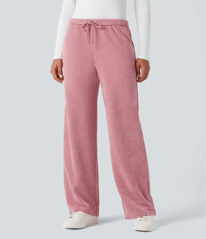 Mid Rise Chenille Waffle Casual Straight-leg Pants with Pockets