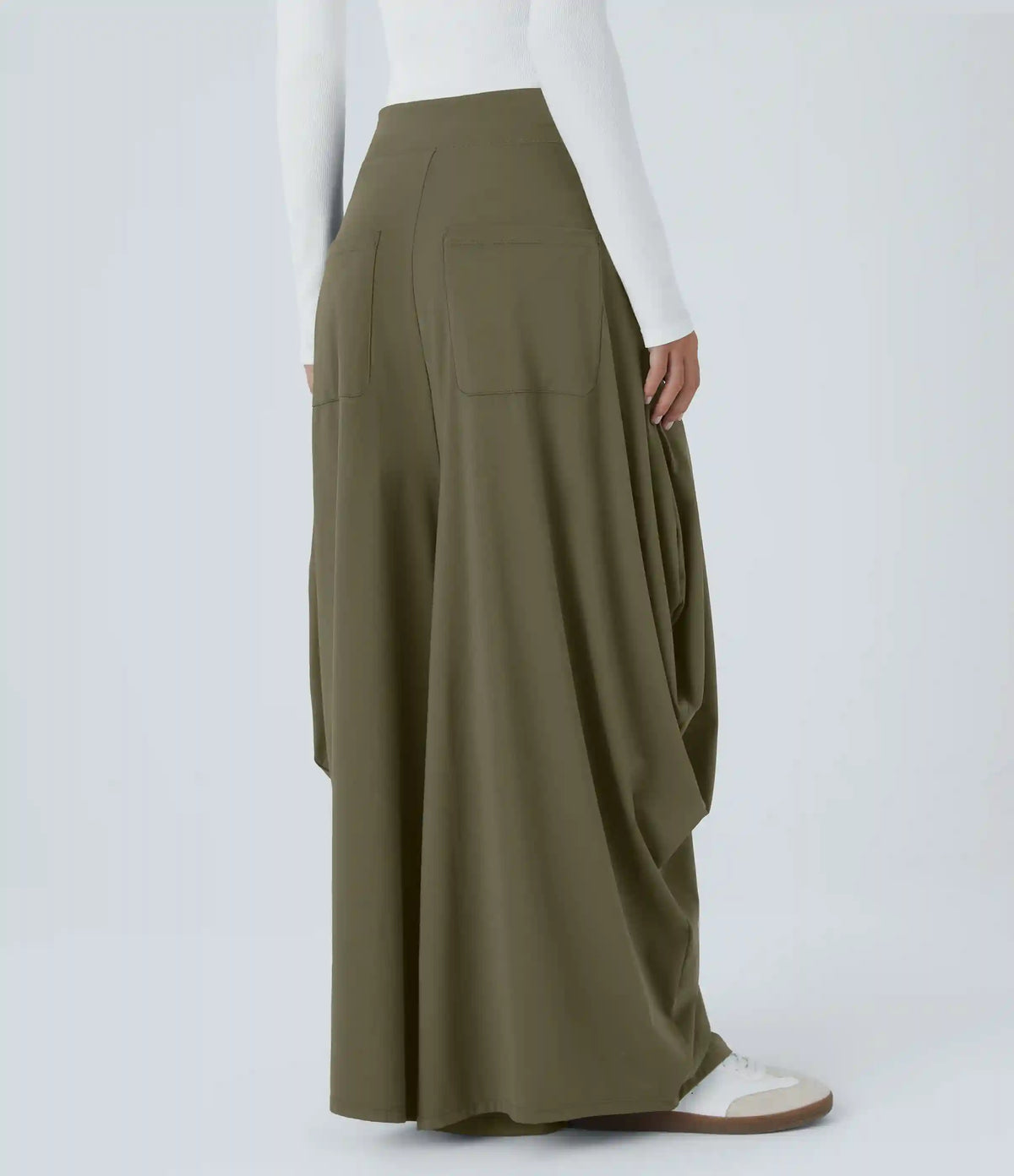 Mid Rise Pockets Draped Wide Leg Baggy Casual Pants