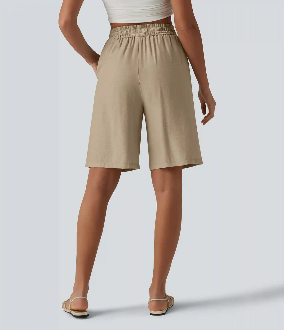 High Waisted Drawstring Casual Linen-Blend Bermuda Shorts 10'' with Pockets