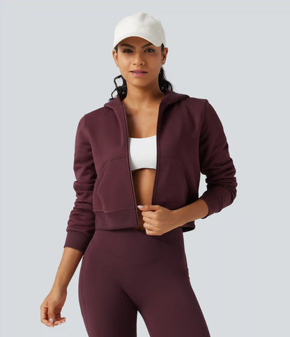 Hooded Long Sleeve Fleece Workout Jacket with Pockets