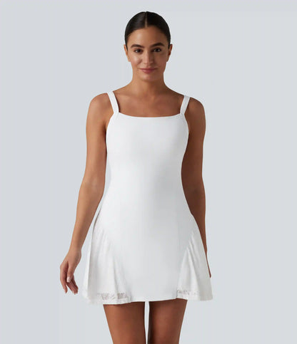 SoftlyZero™ Airy Crisscross Back Contrast Lace Built-in Bra InstantCool Tennis Active Dress with Pockets-Easy Peezy