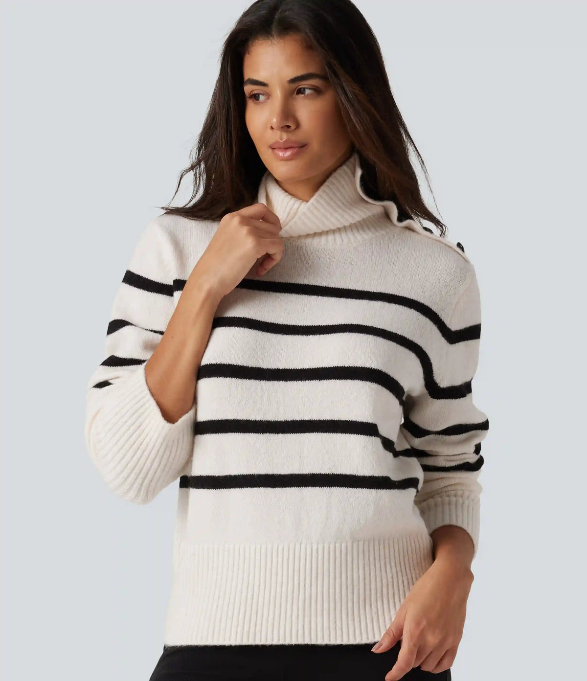 High Neck Long Sleeve Stripe Work Sweater