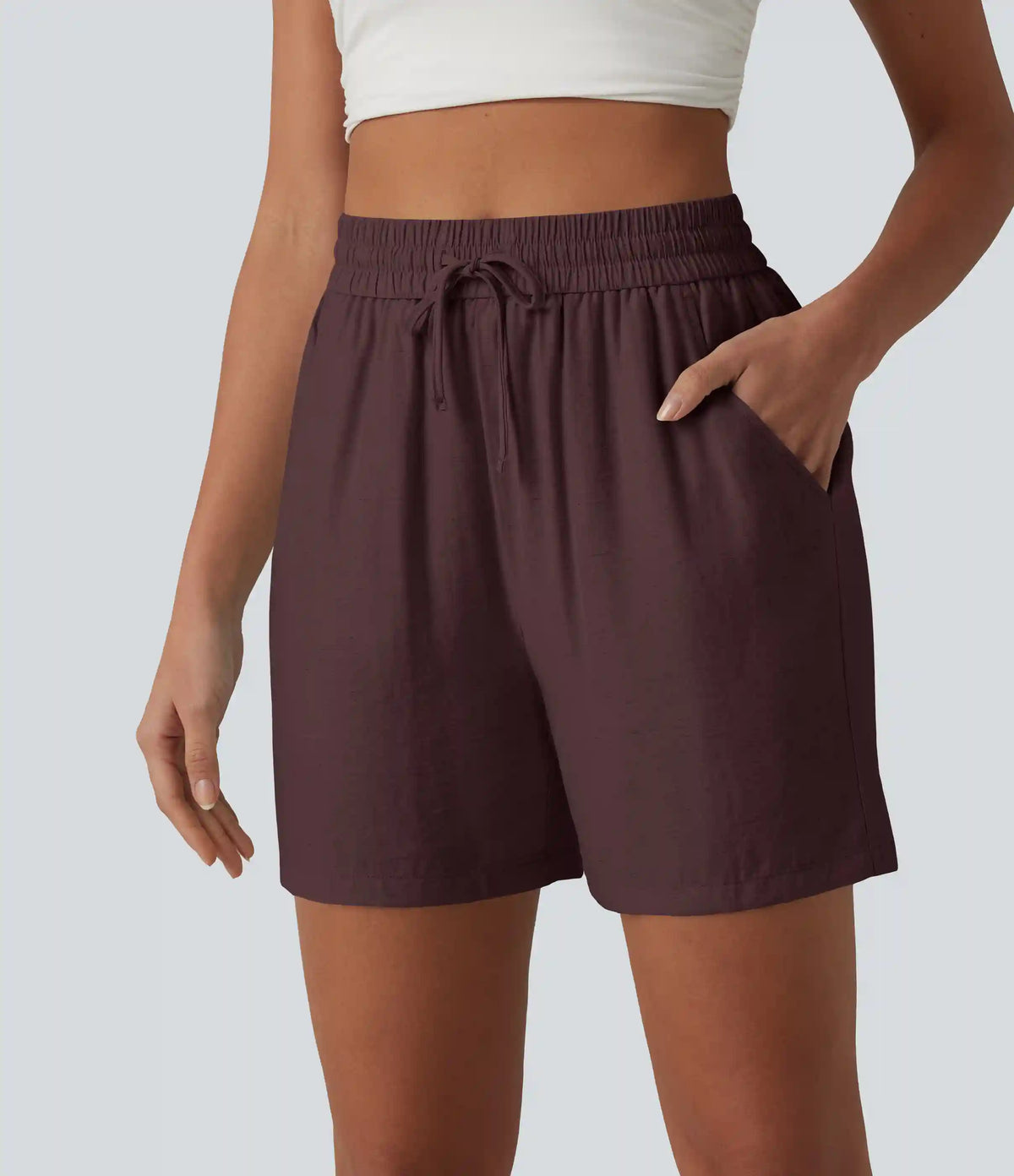 High Waisted Drawstring Casual Linen-Blend Baggy Shorts 5'' with Pockets