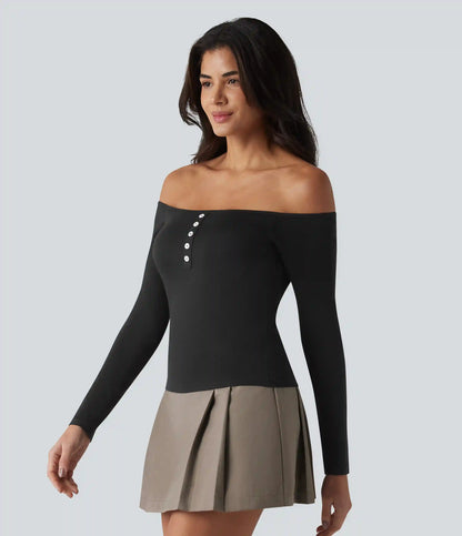 Ribbed Off-shoulder Long Sleeve Built-in Bra Ultra-slim Casual T-Shirt