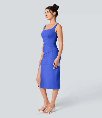 SoftlyZero™ Airy Square Neck Backless Corset Ruched Split Bodycon Midi InstantCool Bridesmaid and Wedding Guest Dress