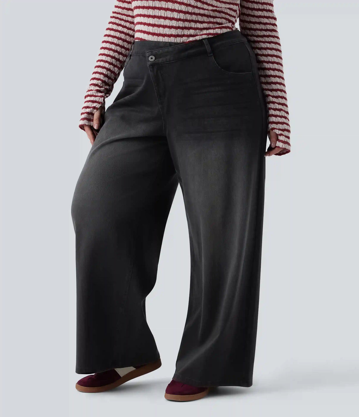 Plus Size Halara Flex™ Asymmetric Low Rise Wide Leg Washed Casual Jeans with Pockets