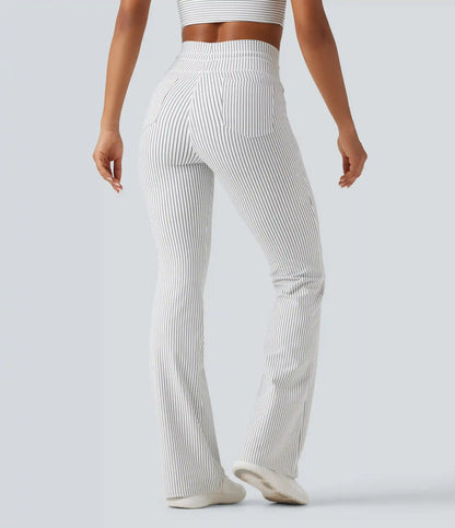 High Waisted Drawstring Stripe Flare Yoga Pants with Pockets