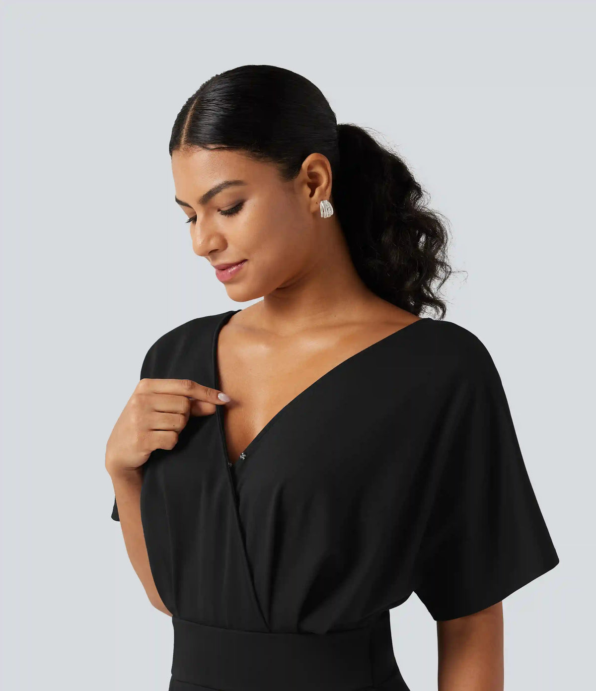V Neck Short Sleeve Ruched Wide Leg Casual Jumpsuit with Pockets -Easy Peezy Edition