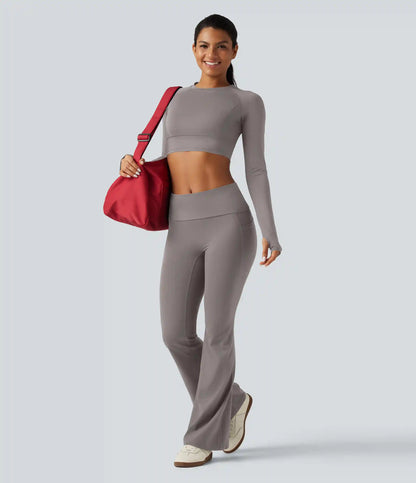 SoftlyZero™ Mid Rise Foldover Flare Yoga Leggings with Pockets