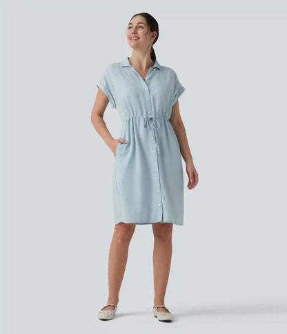 Collared Drawstring Button Fly Draped Casual Denim Shirt Dress with Pockets