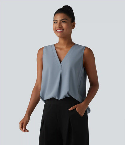 Wrinkle Recovery V Neck Sleeveless Oversized Work Blouse