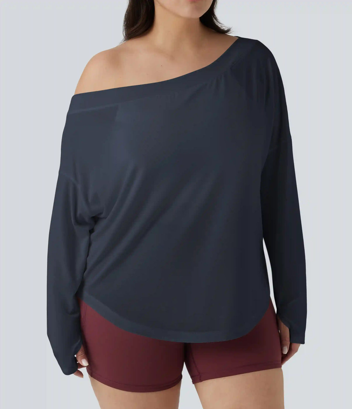 One Shoulder Long Sleeve Thumb Hole Curved Hem High Low Quick Dry Yoga Plus Size Sports Top-Built-in Bra