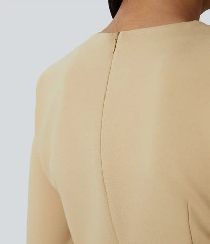 Round Neck Shoulder Pad Long Sleeve Hem Slim Mini Work Dress