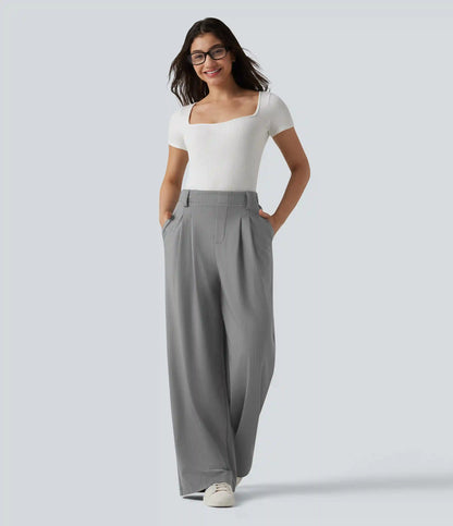 High Waisted Stripes Work Wide Leg Pants with Pockets