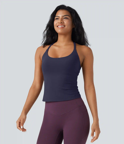 Scoop Neck Crisscross Back Crossover Hem Yoga Cami Top