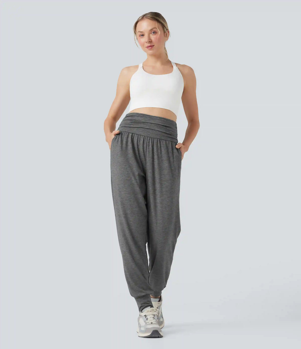 High Waisted Ruched Heathered Yoga Joggers with Pockets