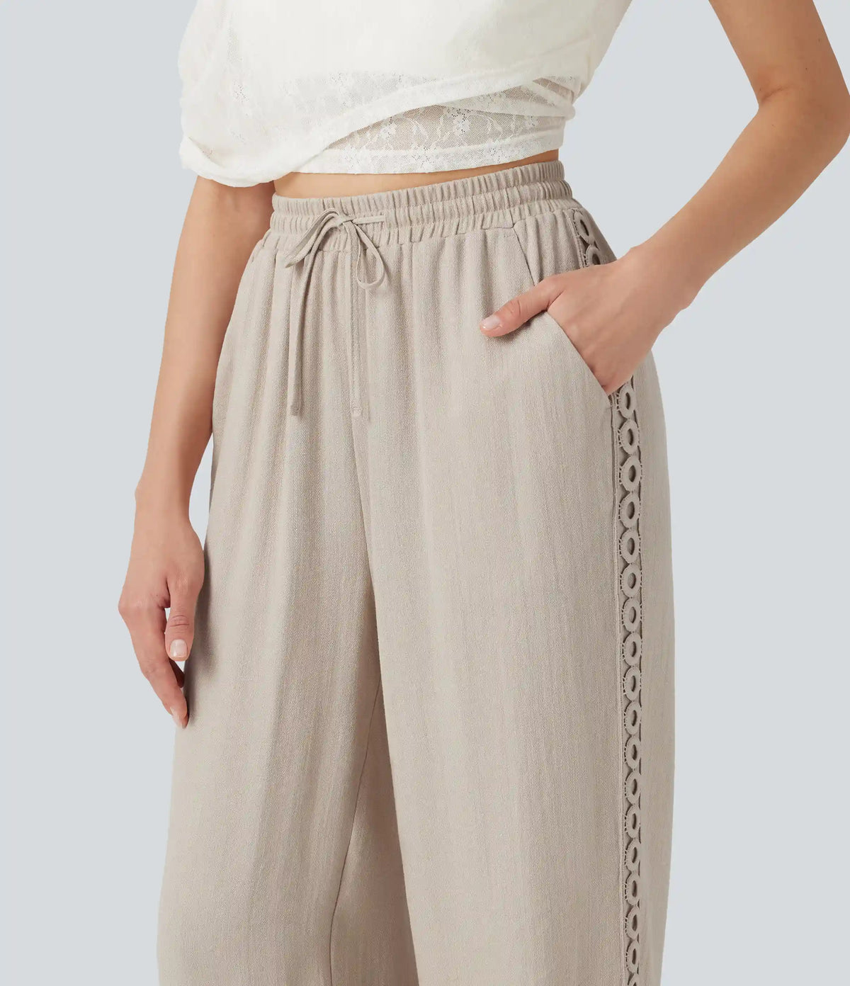 High Waisted Drawstring Casual Linen-Feel Pants with Pockets