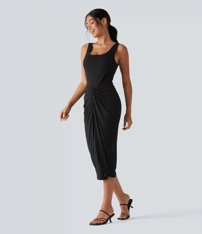 Ribbed Knit U Neck Sleeveless Heathered Bodycon Midi Casual Dress