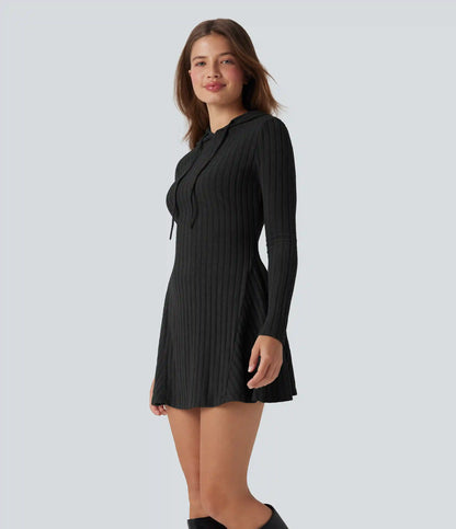 Ribbed Knit Hooded Drawstring Long Sleeve Mini Casual Dress