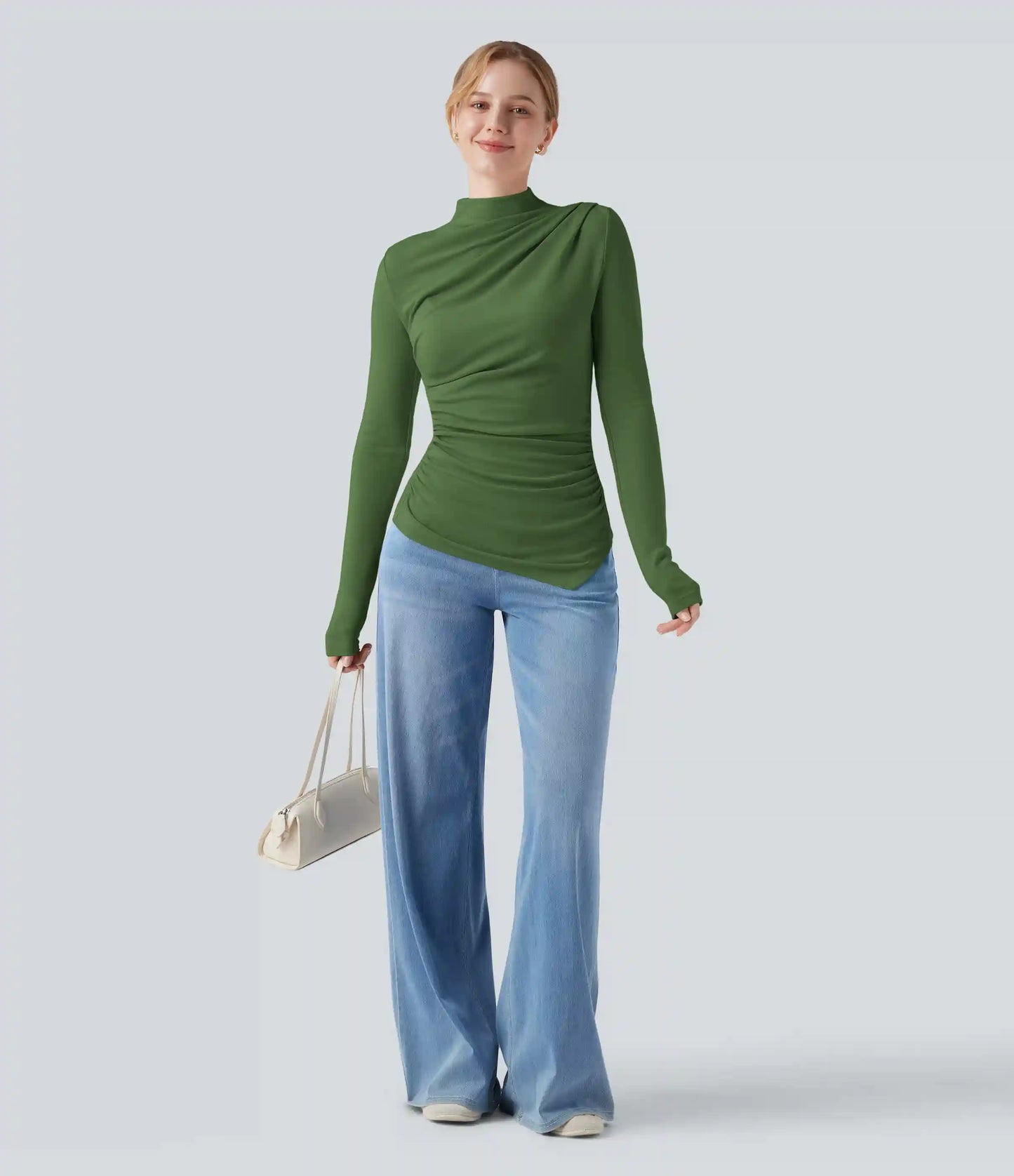 Mock-neck Long Sleeve Ruched Asymmetric Hem Thermal Casual Top