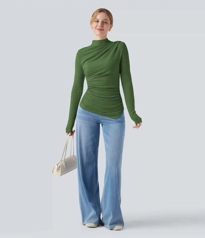 Mock-neck Long Sleeve Ruched Asymmetric Hem Thermal Casual Top